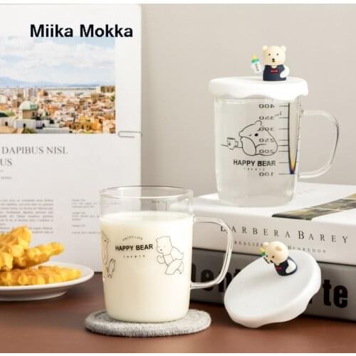 Cartoon Cute Bear Glass Cup Coffee Juice Mug with Scale Transparent Japan Style Portable Water Cup Milk Cup Home Drinkware