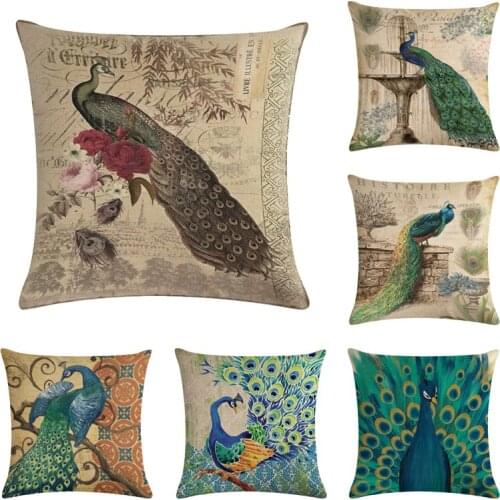 Printed Beautiful Peacock Cushion Cover 45*45cm Cotton Linen Wedding Decor Throw Pillowcase 1 Side Print Cojine