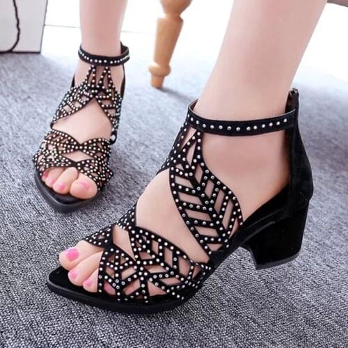 New Women Sandals Fashion Elegant Party Shoes Zip Mid Square Cover Heel Platform Summer Sandals Women Sequined Shoes