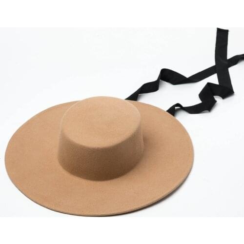 01906-HH8142 autumn winter FLAT jazz cap wool long black ribbon fedoras cap men women leisure panama hat