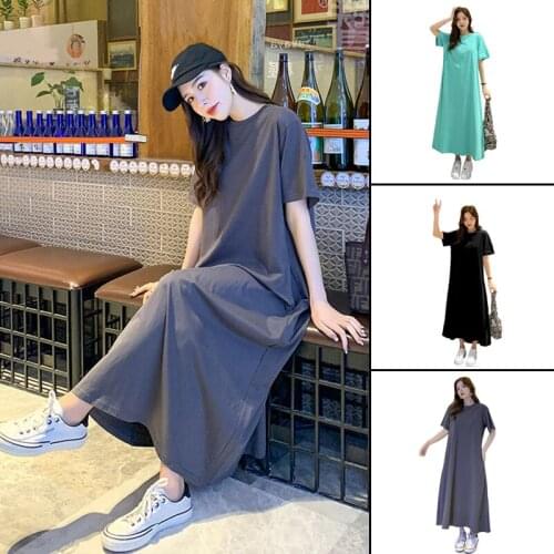 Women Oversize Solid Color Dress Short Sleeved Round Collar Loose Vintage Long Dress Party Beach Sundress for Summer d88