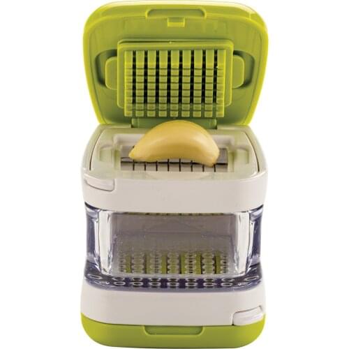 Garlic Press Tool Two-Sided Blade Cube Garlic Press Green Garlic Crusher with Storage Container for Kitchen Cooking Restaurant