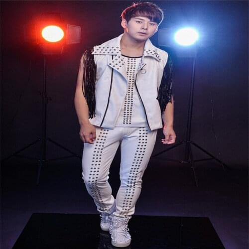 R57 Singer ballroom dance stage costumes party wears dj outfits tassel vest men rivet pants white Leather clothing disco dresses