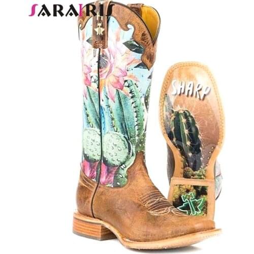 SaraIris 2021 New Female Boots Chunky Heel Slip-On Flower Mid Calf Women Boots Embroider Riding Boots Vintage Casual Shoes