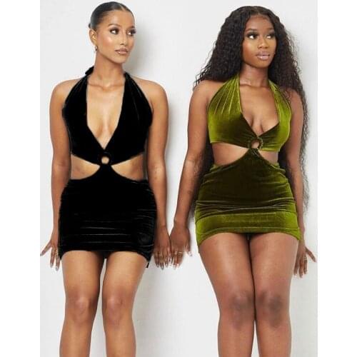 Sexy V-neck Bodycon Short Mini Dresses Women Summer Metal Ring Hollow Out Backless Bandage Halter Dresses Clubwear Clothes