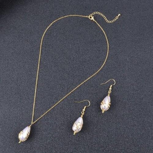 Artificial Imitation Pearl Necklace and Earring Set Wrapped Gold Wire Water Drop Pearl Pendant Golden Pendant Earring Set
