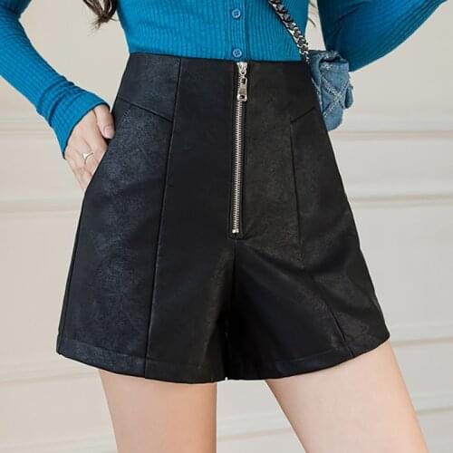 PU Leather Zipper Wide Leg Shorts Women 2021 Autumn Winter Solid Short Feminino Casual High Waist Office Lady Fashion Shorts