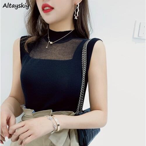 Sweater Vest Women Sexy Slim Fashion Knitted Half-high-collar Leisure Elegant Lady Korean Style Ulzzang Chic Sleeveless Female