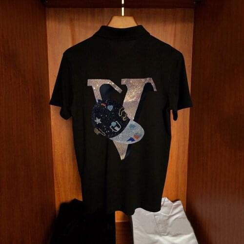 High Quality Skin-Friendly Comfortable Casual Polo Shirt Cartoon Letters Hot Drilling New Mens Short Sleeve