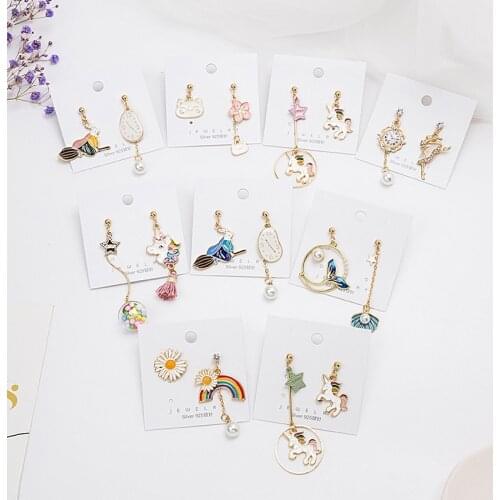 Japanese Cartoon Sweet Cute Asymmetrical Girl Rabbit Rainbow Unicorn Pink Cherry Fish Tail Metal Drop Oil Pendant Women Earrings