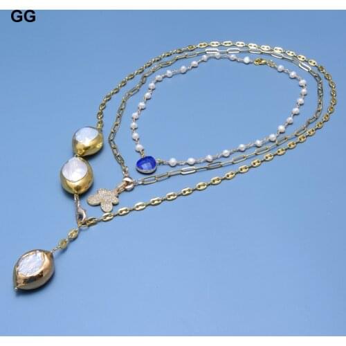 GuaiGuai Jewelry Gold Color Plated White Keshi Pearl Blue Lapis CZ Paved Flower Charm Chain Statement Necklace 17"-26" For Women
