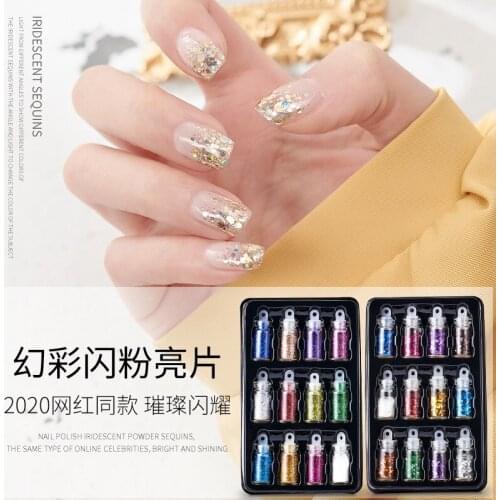1 Box Nail Art Jewelry Glitter Sequined Glass Beads Glass Bottles Mixed Color 12 Bottles DIY Finger