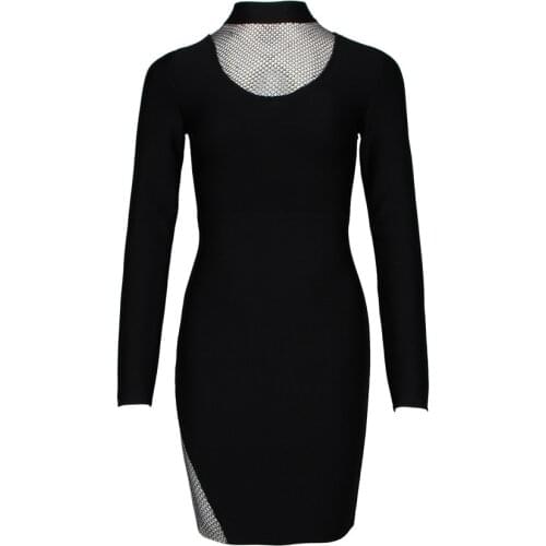 2021 New Bandage Dress Black Long Sleeve Spring Autumn Ladies Diamond Mesh Elegant Bodycon Party Dress