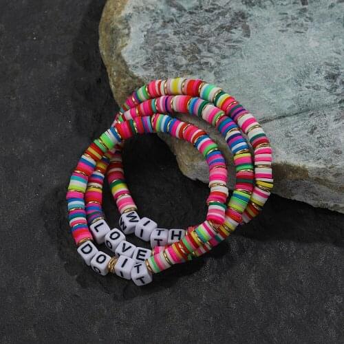 3 Pcs/set Love Letter Polymer Clay Beads Bracelet for Women Boho Multicolor Elastic Rope Bracelet Bangles Statement Jewelry