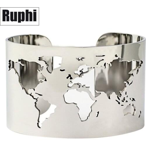 World Map Cut-out Cuff Bangle Bracelet Travel Peace Jewelry Stainless Steel 40mm Wide Laser Engraving Fine Polished Circle Angle