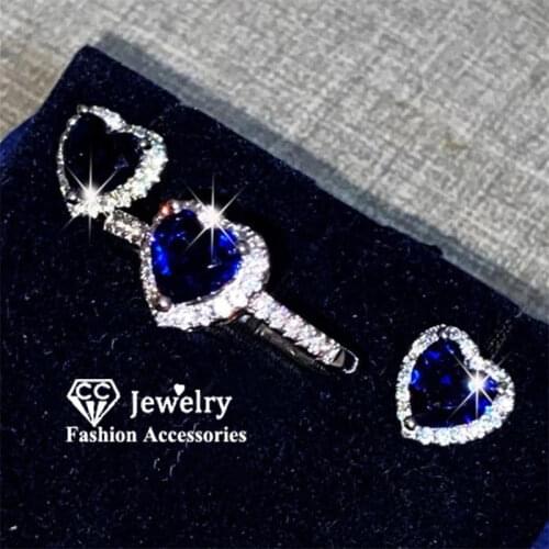 CC Heart Rings Sets Stud Earrings For Women Zirconia 925 Silver Wedding Romantic Trendy Fine Jewelry Set Drop Shipping
