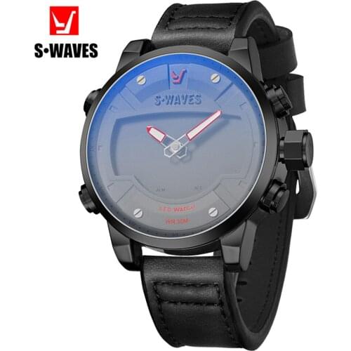 LED Casual Men Watch Waterproof Luxury Dual Display Montre Homme 2019 Black Gray Military Leather Wristwatch Mens SWAVES Brand