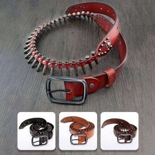 Mens Real Genuine Leather Belt Skull Mens Punk Rock Bullet Hip Hop Waistband Biker Belt Unisex Jeans Accessories