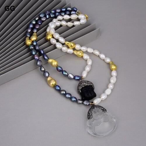 GuaiGuai Jewelry 2 Strands Natural Cultured Keshi Pearl Necklace Black Quartzs Buddha Head Pendant Necklace 20" For Women
