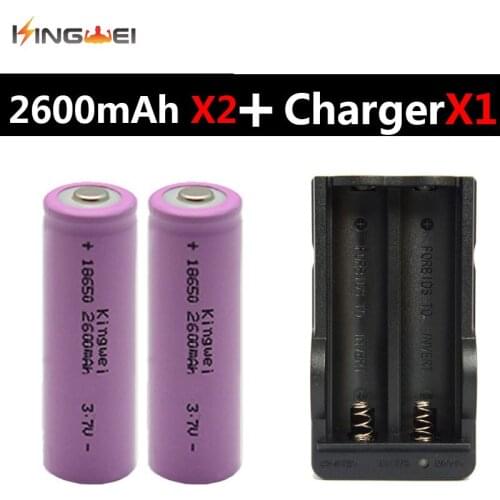 KingWei Pink 2600mAh 2Pcs 18650 Li-ion 3.7v Rechargeable Battery With Double EU US Plug Fast Charger for LED Flashlight