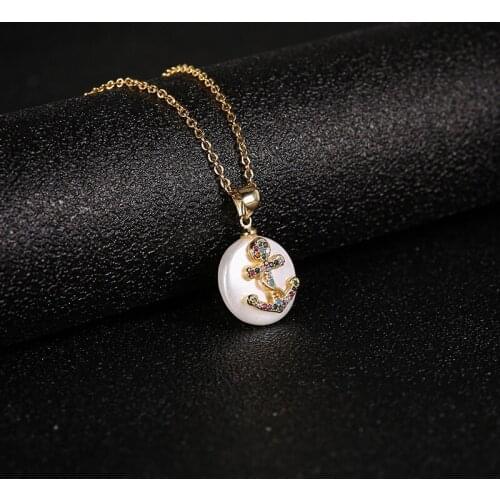 Classic Gold Stainless Steel Shell Colored Zircon Anchor Pendant Necklace For Women Charm Women Necklace jewelry