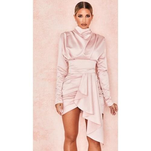 KLEEZY 2020 New BLUSH HEAVY SATIN HIGH NECKED DRAPED DRESS Fashion Elegant Dress Sexy Dress Party Dress Women Dress 8261