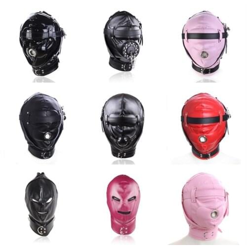 Leather Sensory Deprivation Hood Adult Slave Games Full Head Bondage BDSM Sex Mask Fetish Hood with Gags Sex Toys for Women Men