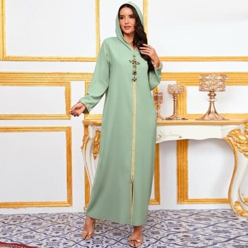 Summer 2021Eid Luxury Diamond Beaded Ethnic Kaftan Dress Dubai Turkey Arabic Muslim Avocado Hooded Abaya Islamic Women Clothing