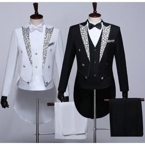 Male Suit Classic Black White Navy Blue Tailcoat Tuxedo Wedding Grooms Suits For Men Banquet Party Prom Stage Singers Costume