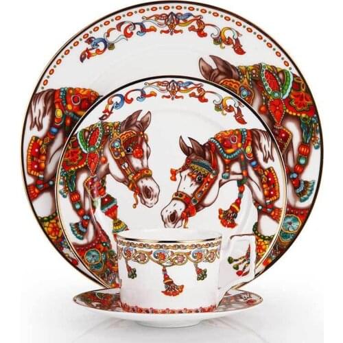Bone China Dinner Plate Set And Coffee Cup Kit Gold Edge Dinnerware Set Horse Pattern Western Steak Dishes Flat Tray Cup Saucer