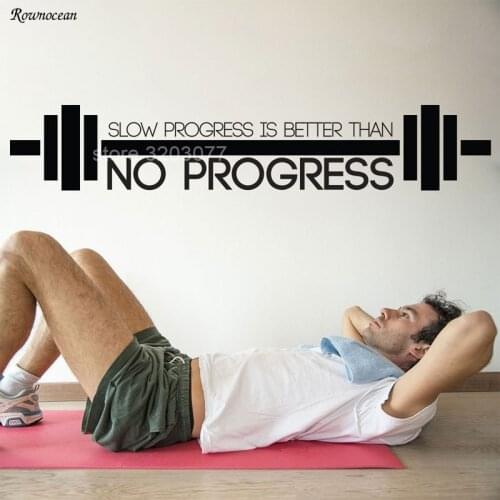 Slow Progress Wall Sticker Sports Quote Wall Decal Bodybuilder Gym Home Decor Weightlifting Barbell Pattern Removable Mural G-28