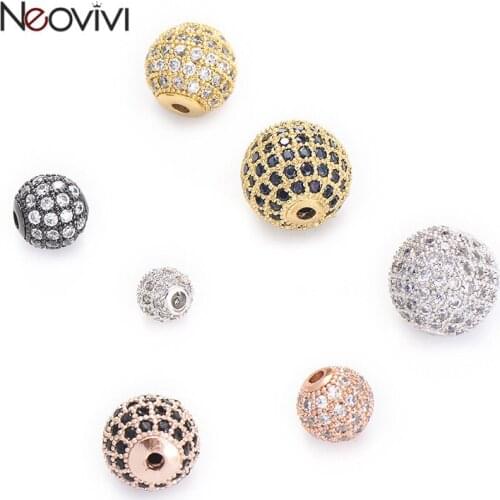 Neovivi 5pcs Round Beads Micro Pave Black White Zircon 6mm 8mm 10mm 12mm Size Spacer Bead for Jewelry Making Bracelets Necklaces