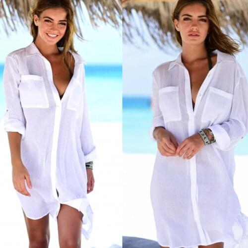 2021 European and American New Wrinkled Cloth Two Pocket Buckle Beach Cover Up Bikini Coat Shirt Swimsuit Cardigan Girl