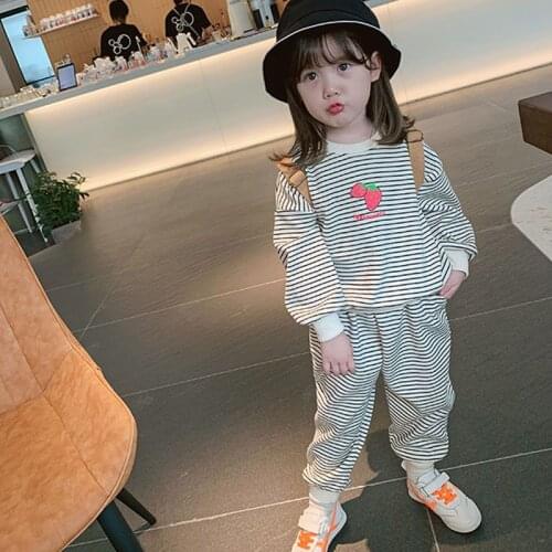 Spring And Autumn Girls New Suit Striped Sweater Casual Sports Childrens Clothing Baby Foreign Style Spring Two-Piece Trend