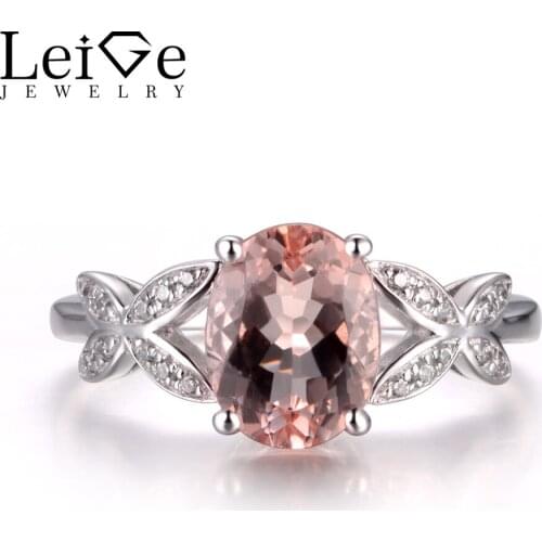 LeiGe Jewelry Natural Morganite Rings Unique Anniversary Ring Oval Cut Pink Gemstone Ring Solid 925 Sterling Silver Fine Jewelry