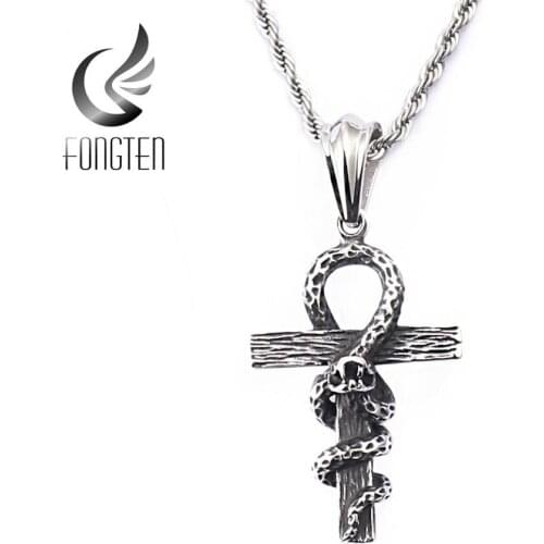 Fongten Retro Gothic Snake Cross Pendant Necklace for Men Stainless Steel Tone Chain Halloween Jewelry