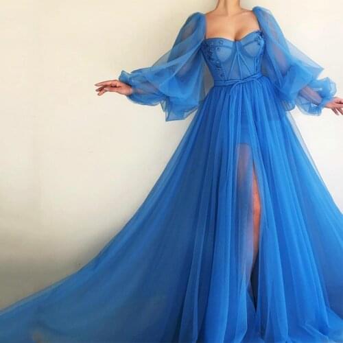 Long Sleeve Sweetheart Appliques Ribbon Blue Open Leg Split Tulle A-line Prom Dresses Formal Evening Dress vestido formatura