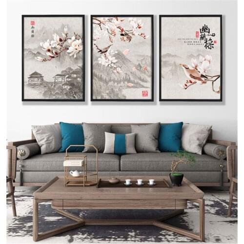 Chinese Style Youlan Ancient Poetry Flowers Birds Landscape Poster Canvas Print Painting Wall Art Living Room Home Decoration