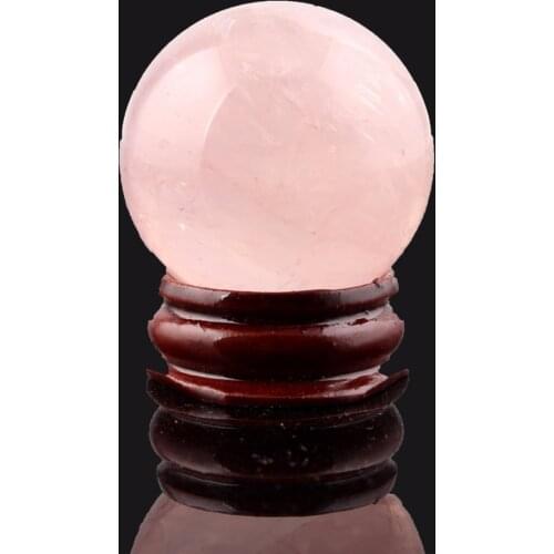 Natural Stone Carved 35mm Rose quartzs Rock Clear crystal Sphere wood stand Bell Chakra Healing Reiki Crafts Free pouch