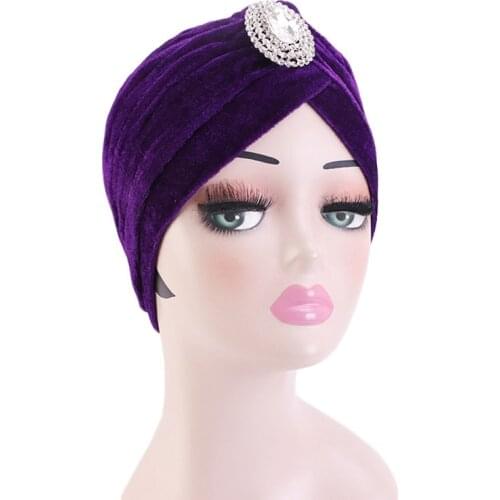 Retro Velvet Turban Caps for Women Diamonds India hat Muslim Headscarf Bonnet Female Inner Hijabs Turban Ladies Head Wraps