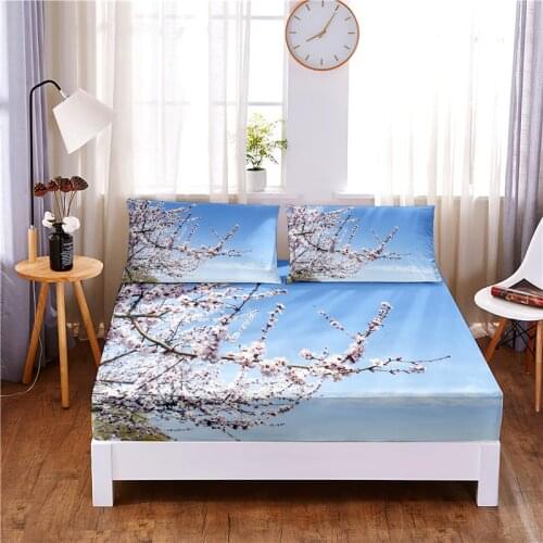 Winter Flowers Digital Printed 3pc Polyester Fitted Sheet Mattress Cover Four Corners with Elastic Band Bed Sheet Pillowcases
