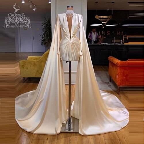 Sexy Deep V Neck Pearls Long Sleeves Short Prom Dress With Cape Charming Beige Evening Dress Vestido De Noche Formal Party Gown