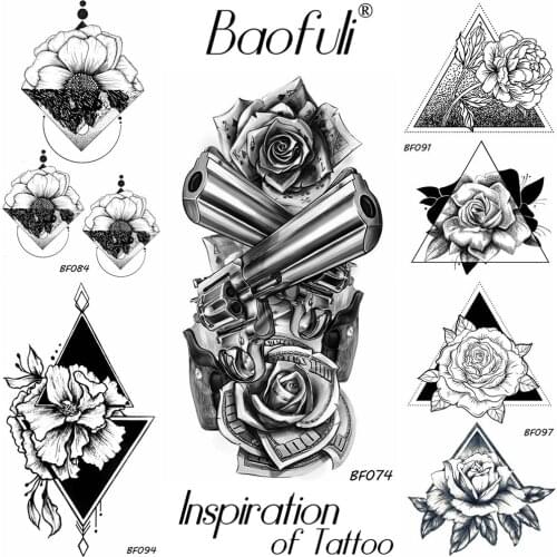 BAOFULI Flower Black Body Art Temporary Tattoo Sticker Metallic Pistol Rose Gun Tatoos Waterproof Disposable Girls Fake Tattoos