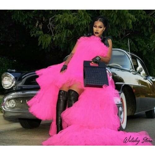 Hot Pink High Low Tulle Skirt Dresses With Train Puffy Ruffle Tiered Long Skirts Tutu Ball Gowns Elastic Tulle Dresses Any Color