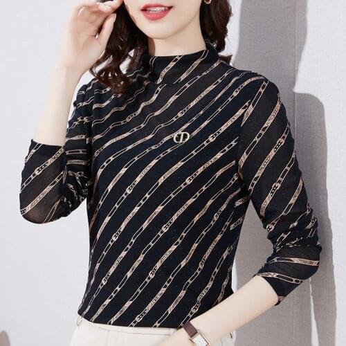 M-4XL Plus Size Turtleneck T-Shirt New 2021 Autumn Long Sleeve Striped High Elasticity Womens Tops