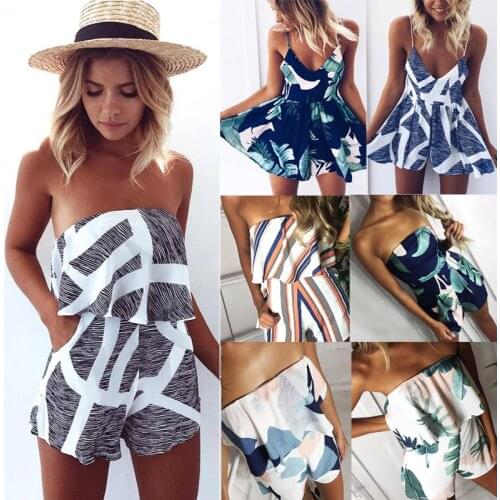 2020 Summer Women Beach Jumpsuit Plus size Print Romper Sleeveless Off Shoulder Short Overalls Backless Sexy Playsuit For Female