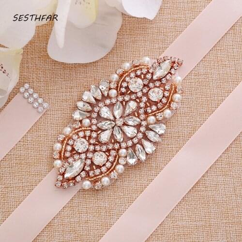 SESTHFAR Pearls Wedding Belt Sash Rose Gold Crystal Bridal Belt Rhinestones Wedding Sash For Bridal Bridesmaid Dresses