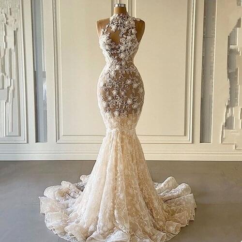 Elegant Halter Neck 3D Flowers Mermaid Wedding Dress 2021 Sexy Illusion Tulle Lace Sleeveless Wedding Bridal Gowns