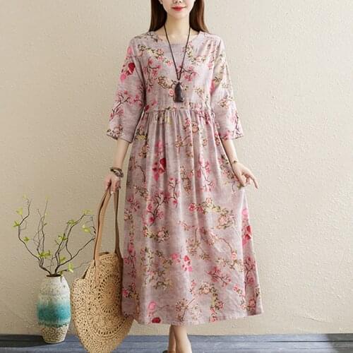 2021 New Arrival Print Floral Prairie Chic Holiday Travel Casual Dress Thin Linen Cotton Spring Summer Dress Women Midi Dress