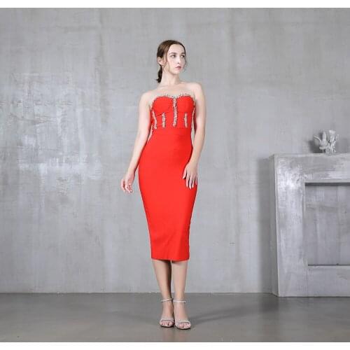 2021 New Elegant Party Dress For Women Bodycon Beading Sleeveless Sexy Summer Clothing Strapless Bandage Dress